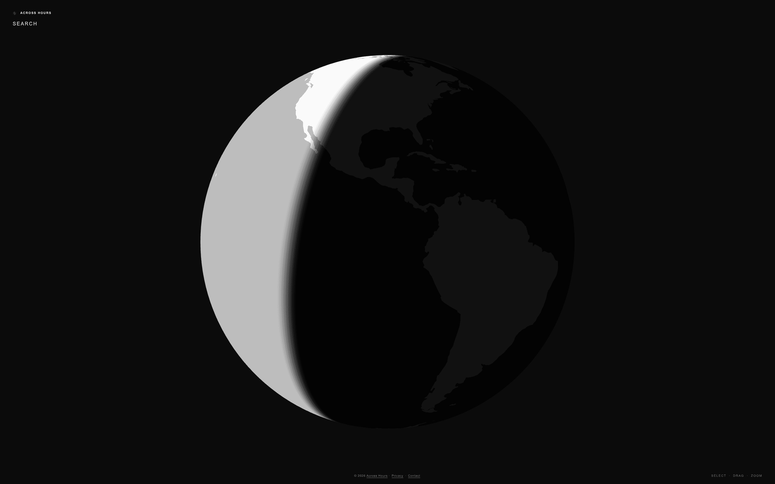 Across Hours live 3D world-time globe showing the day and night boundary across the Americas