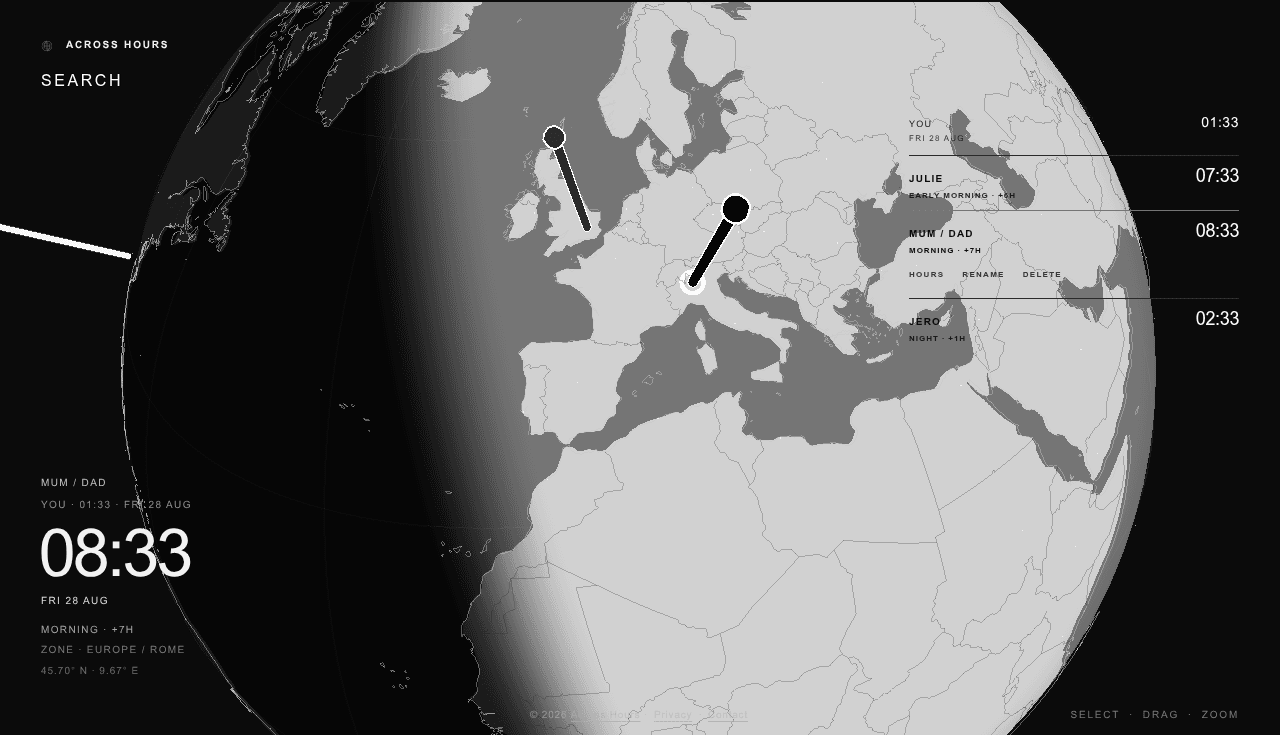 Detailed Across Hours interface view zoomed over Europe with saved time markers and the live solar boundary