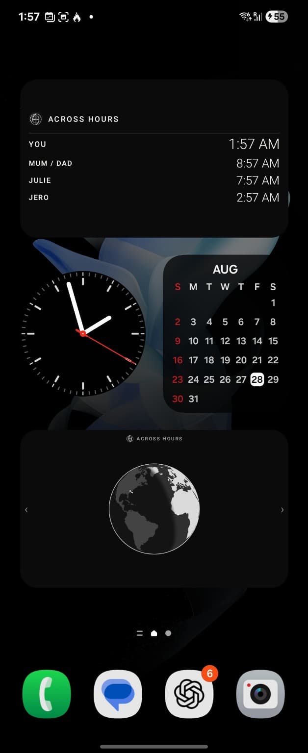 Android home screen showing Across Hours saved-time and globe widgets