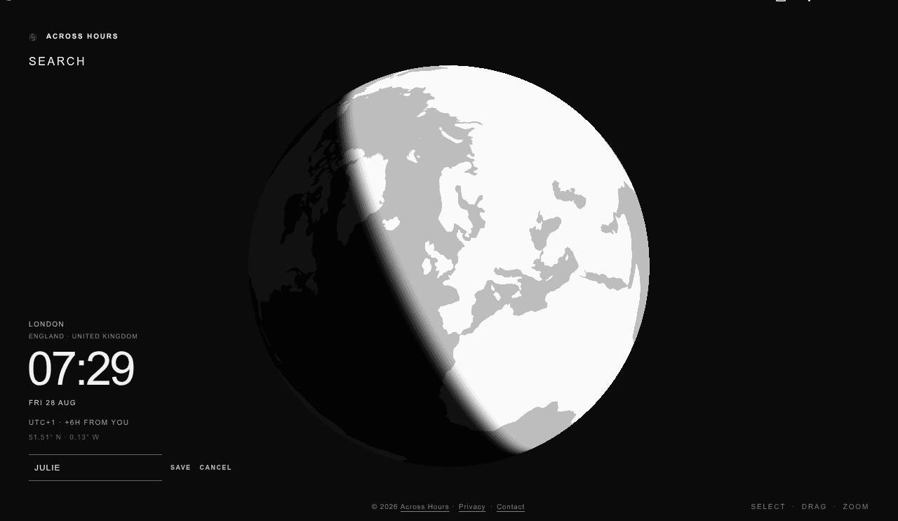 Across Hours focused London state showing local time, date, offset and coordinates
