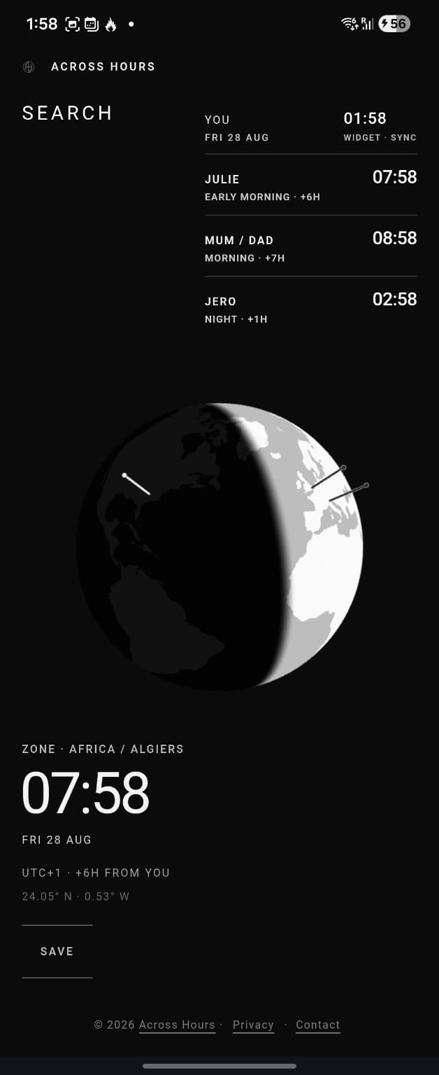 Across Hours installed mobile experience showing the globe, saved locations and local time in a vertical layout