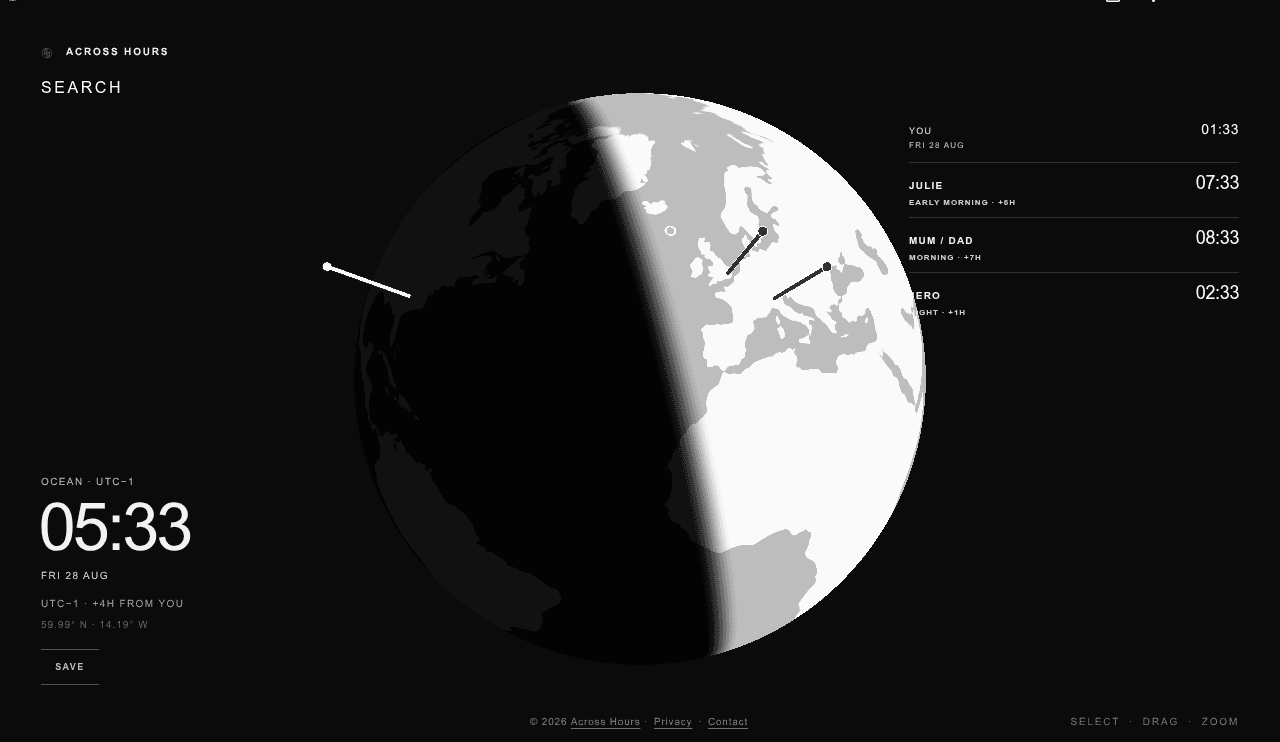 Across Hours globe with multiple saved locations and their local times shown together