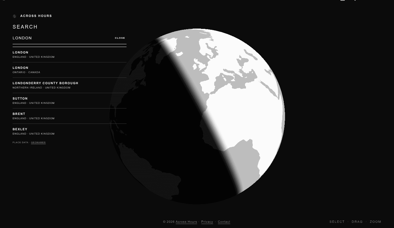 Across Hours search interface showing results for London beside the live globe