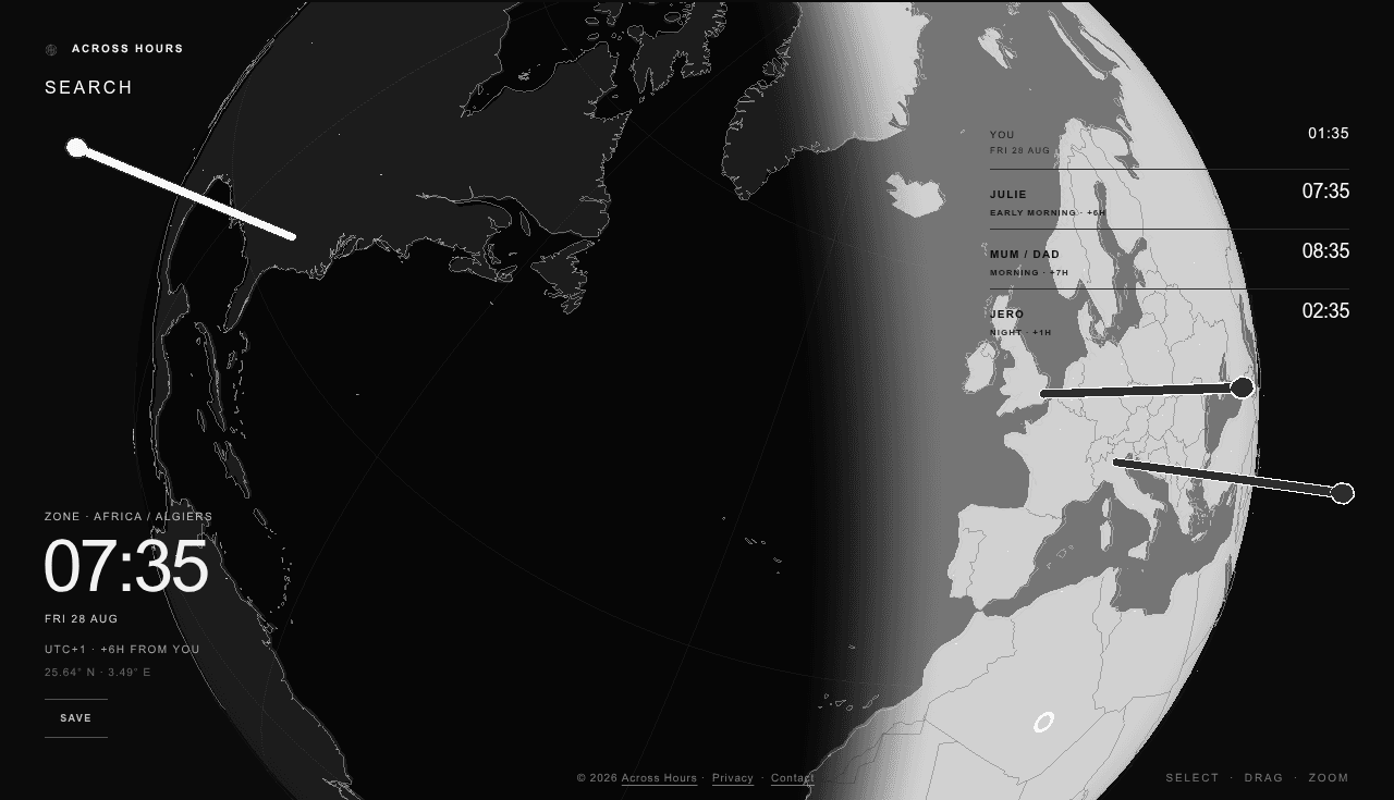 Across Hours zoomed globe showing the final calibrated daylight boundary and multiple saved place markers