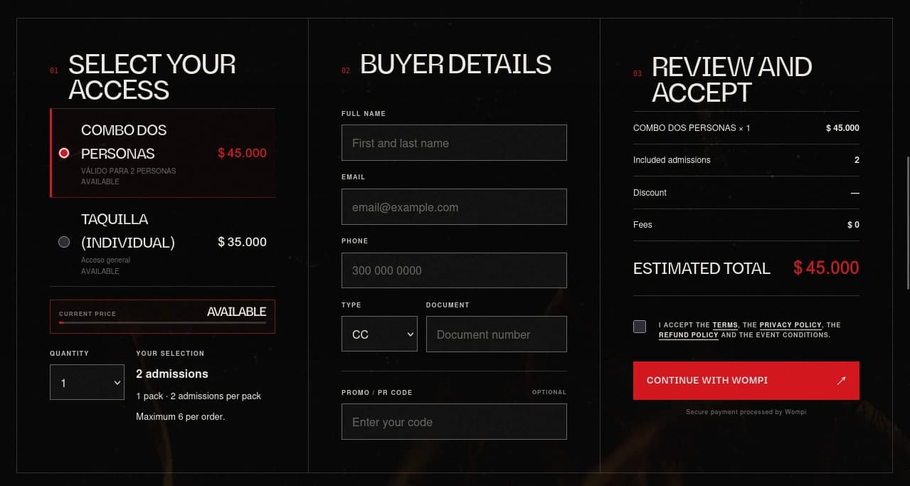 Efecto Placebo English checkout showing ticket selection, buyer details, order review and secure Wompi payment