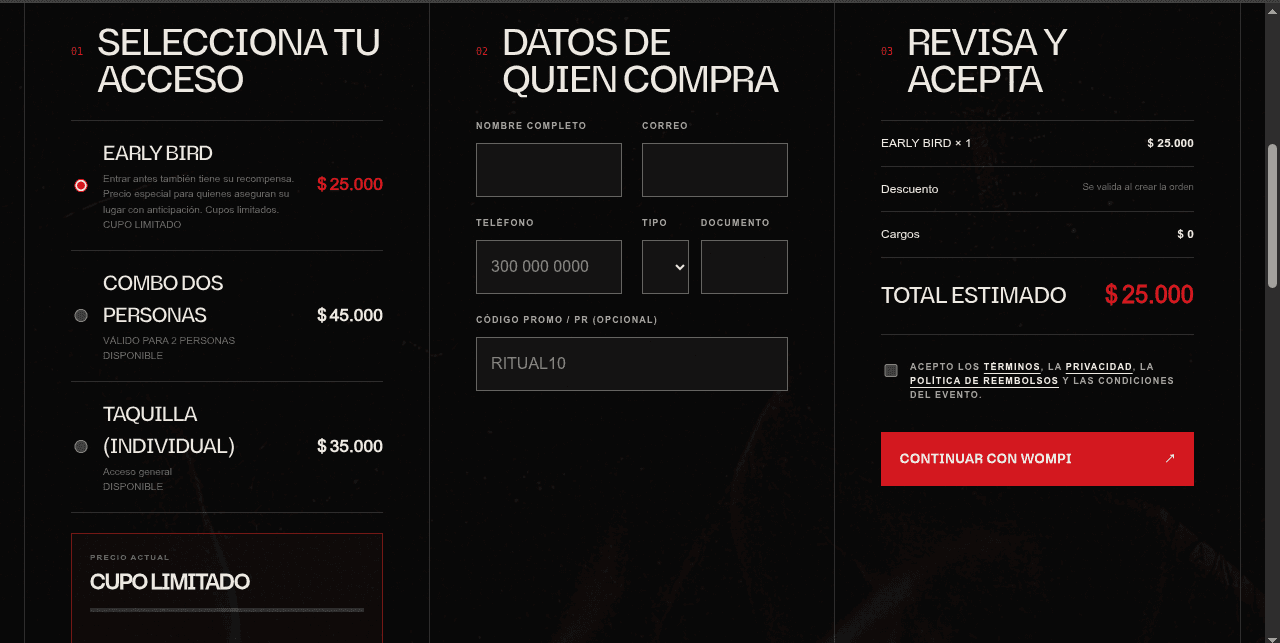 Efecto Placebo public checkout showing an Early Bird ticket, a two-person combo, buyer details, promo code input, order review and Wompi payment call to action