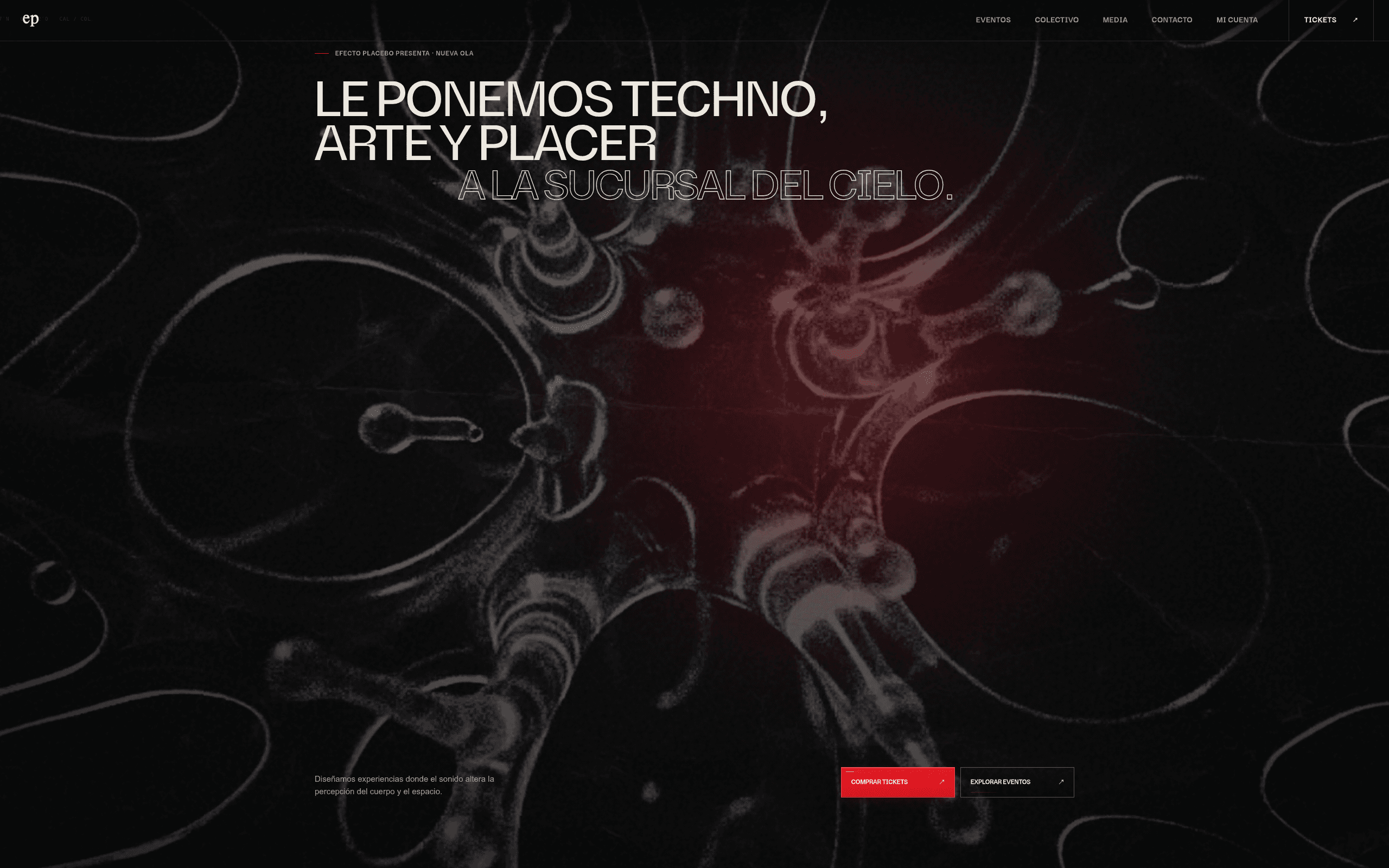 Efecto Placebo live website featuring a dark red and black cultural events interface with ticketing and event navigation